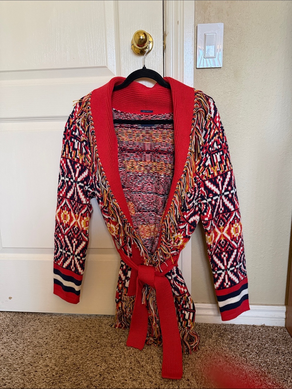 MOTHER Red Multi-Color Fringed Knit Cardigan